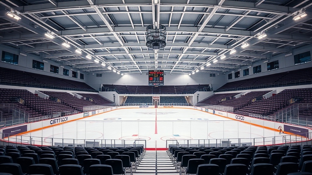 심판석과 전자 계측 디스플레이 보드가 설치된 빙상 경기장 내부 전경