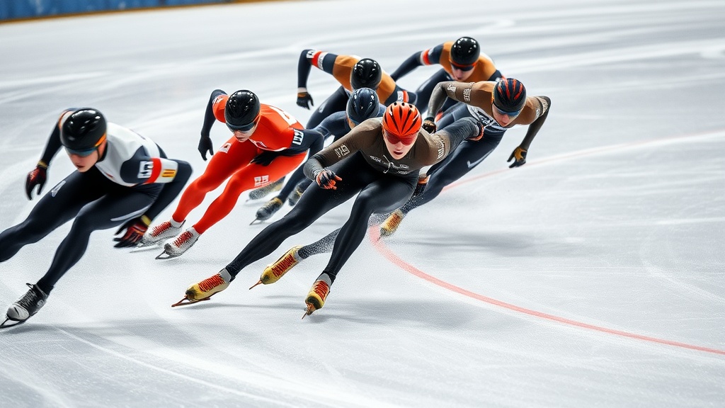 코너를 돌며 선수들이 밀집하여 경쟁하는 쇼트트랙 경기의 역동적인 순간