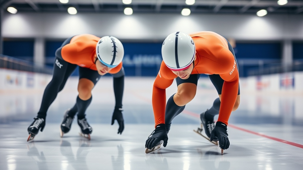 안쪽 레인과 바깥쪽 레인에서 출발 자세를 취한 두 선수의 정면 시점