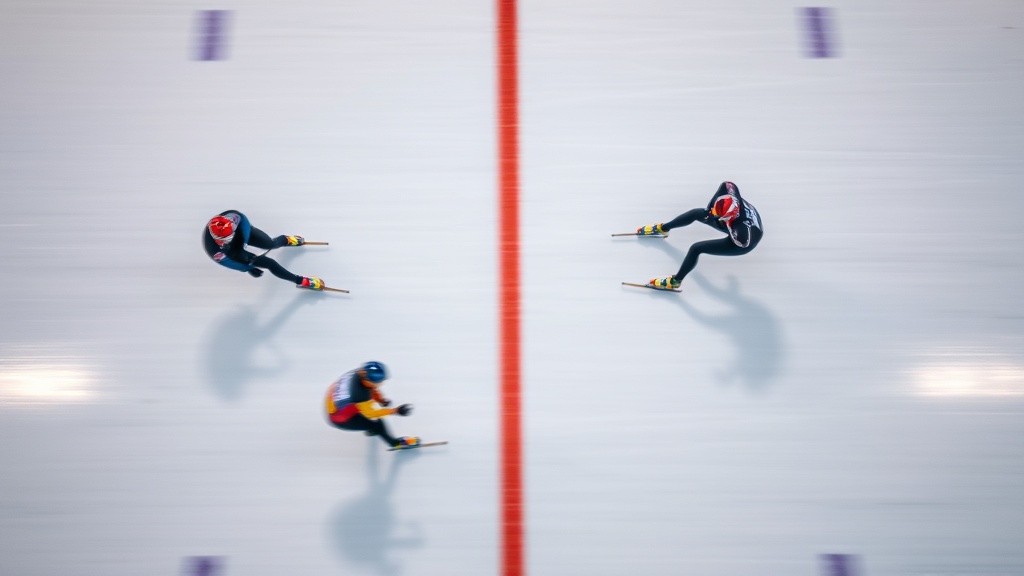교차 구역 표시선 위에서 안쪽과 바깥쪽 레인을 교환하는 선수들의 상공 시점